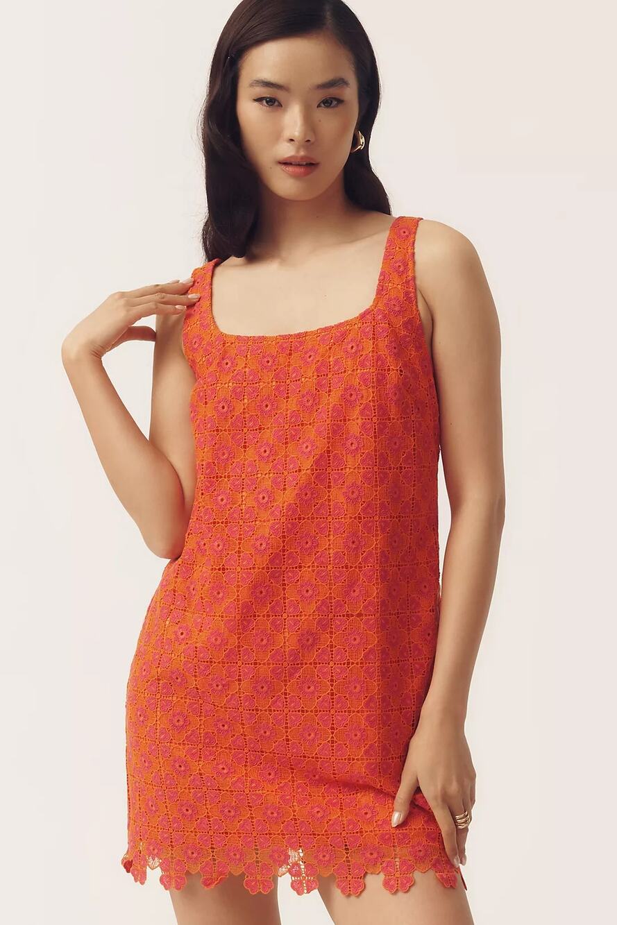 New Anthropologie Maeve Square-Neck Mini Shift Dress $198 LARGE Pink & Orange